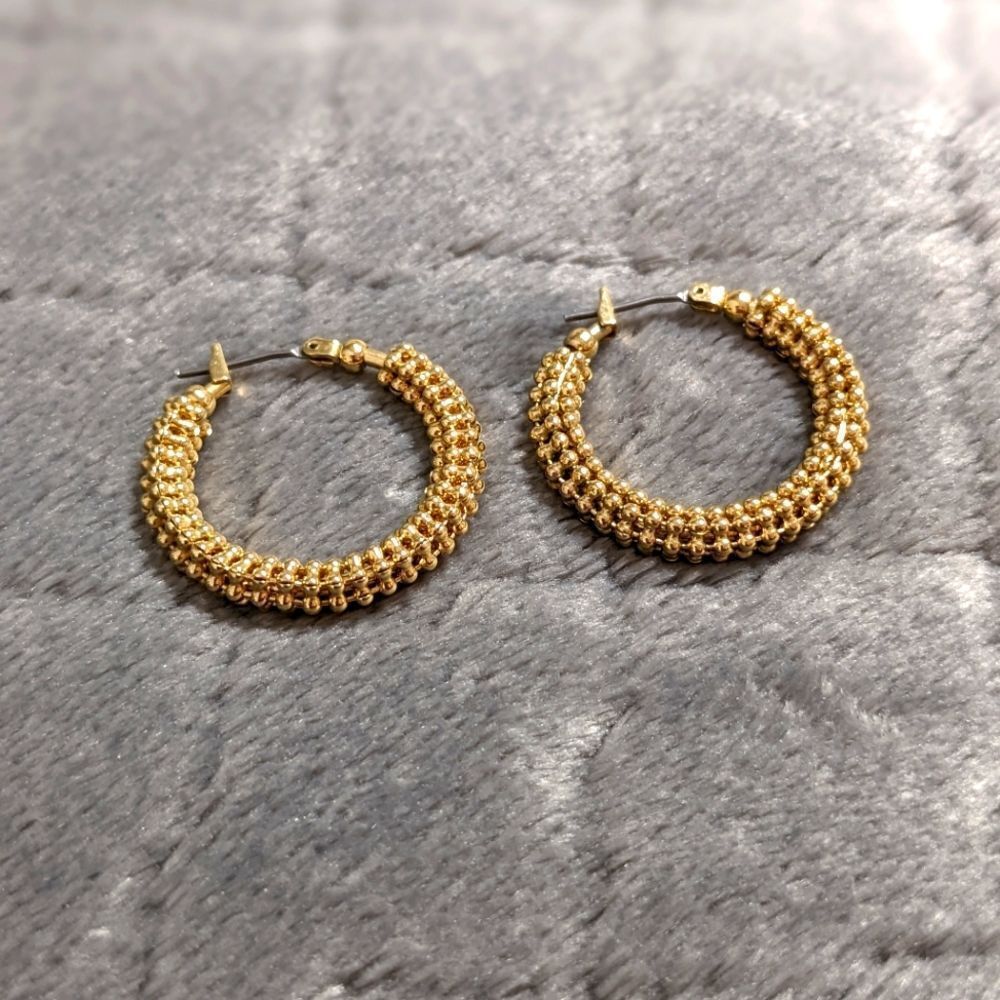 Vintage Small Beaded Goldtone Hoop Pierced Earrings